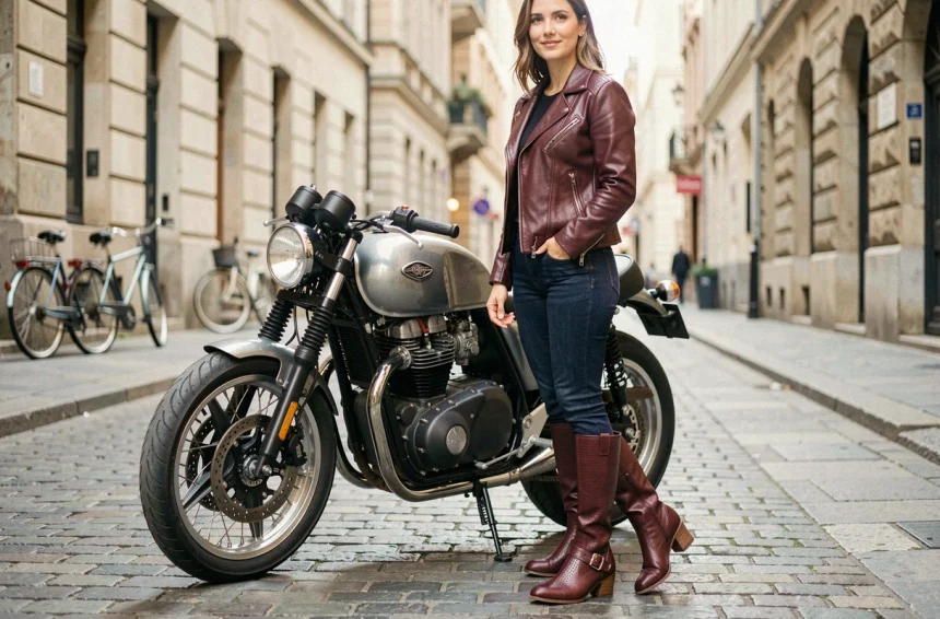 Femme motarde portant des bottes moto féminines à protection renforcée aux chevilles, look cuir chic en milieu urbain