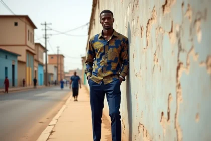 Homme portant une chemise wax africaine bien ajustée en imprimé géométrique indigo et or dans une rue urbaine de Dakar