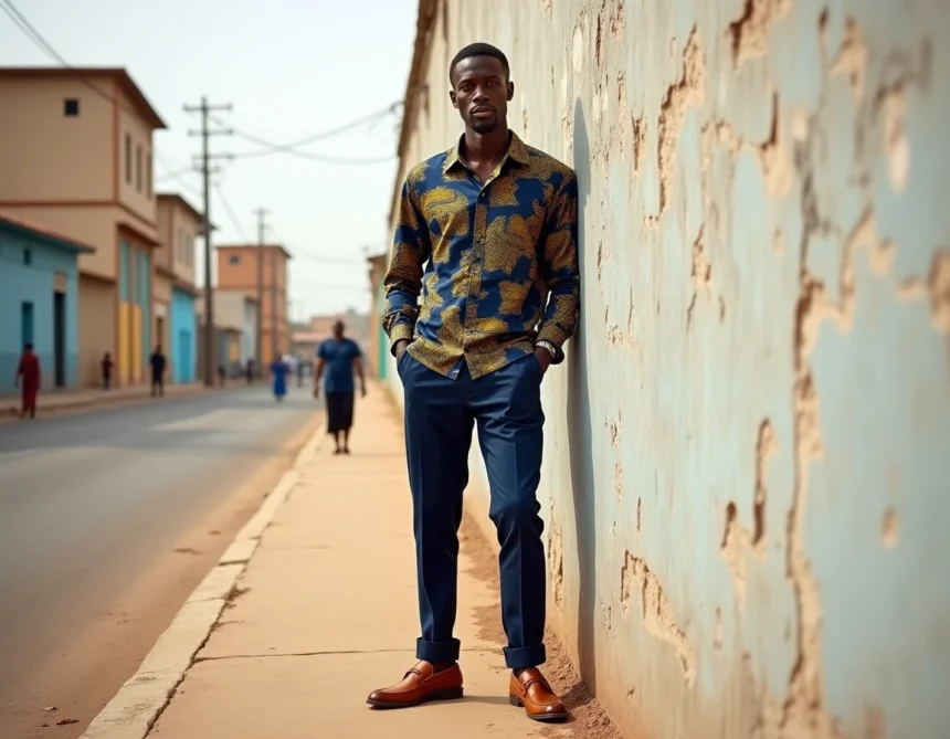 Homme portant une chemise wax africaine bien ajustée en imprimé géométrique indigo et or dans une rue urbaine de Dakar