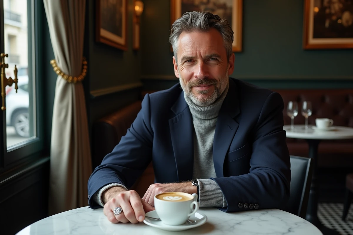 Homme élégant en blazer marine portant une chevalière argent gravée aux armoiries, assis dans une brasserie parisienne avec une tasse d'espresso