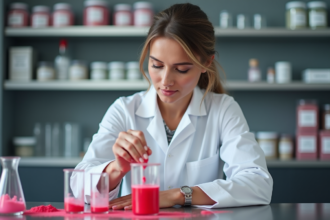Chimiste femme en laboratoire examinant pigments rouges