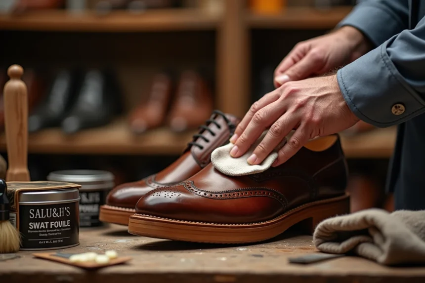 Mains appliquant du cirage marron sur une chaussure Oxford en cuir avec un chiffon doux sur un établi de cordonnier