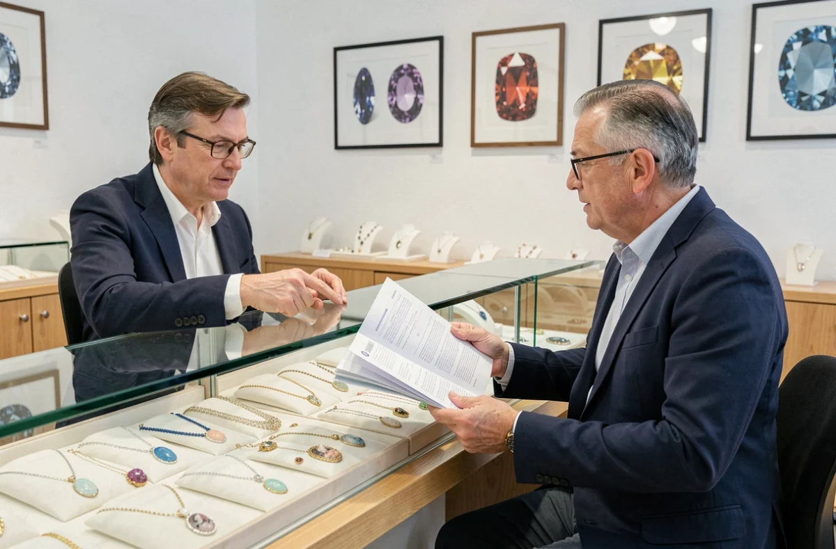 Client et bijoutier discutant du prix d'un camée en boutique, conseils achat investissement bijoux 2026