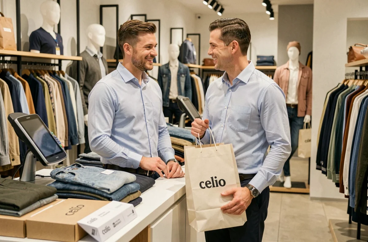 Client satisfait récupérant son sac d'achat à la caisse du celio de Vichy
