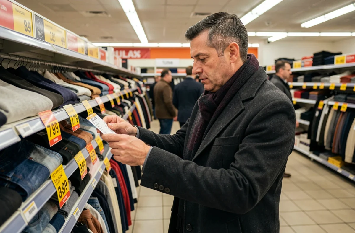 Homme examinant les étiquettes de réduction sur un portant de vêtements en solde dans un magasin d'hiver