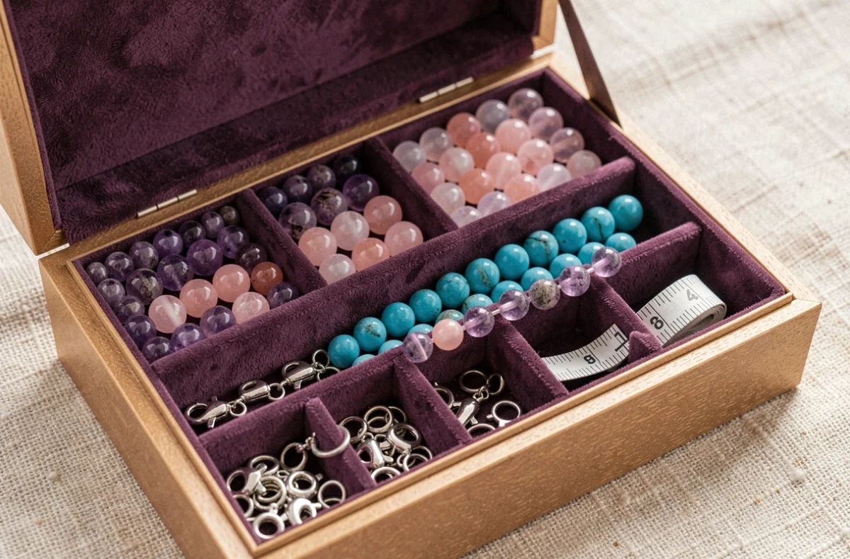 Gros plan d'un coffret bracelet premium ouvert révélant des rangées de perles en pierres semi-précieuses, fermoirs argentés et accessoires organisés sur fond de velours