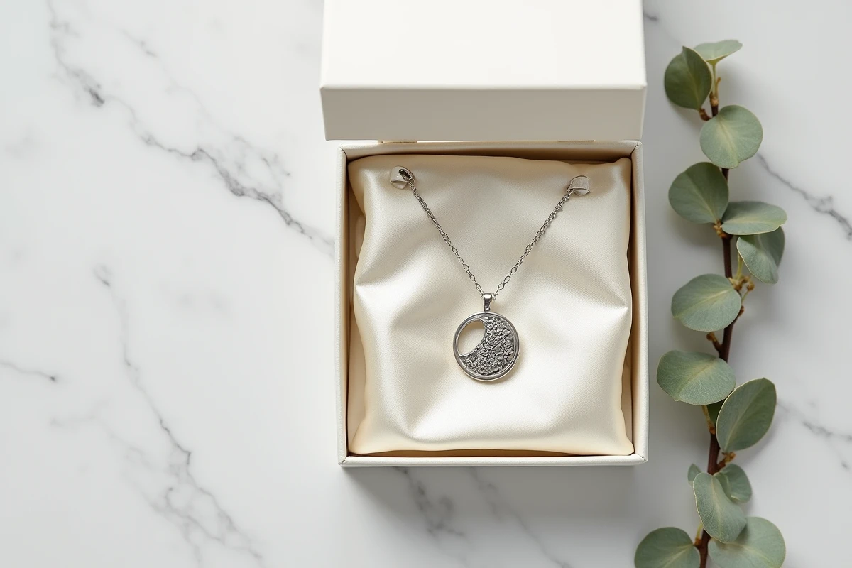 Coffret cadeau bola de grossesse en argent gravé avec satin ivoire et carte personnalisée sur marbre blanc