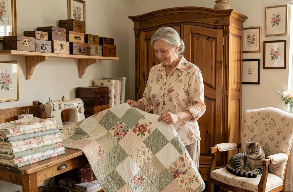 Couturière expérimentée Colette Ravier pliant un quilt patchwork fait main dans un atelier de couture champêtre rempli de boîtes à couture vintage et de tissus floraux