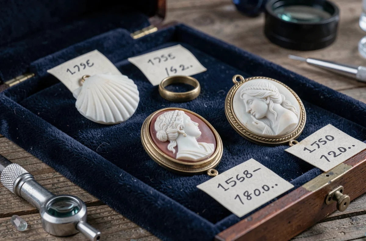 Collection de camées bijoux anciens sur velours avec étiquettes de prix, guide investissement bijouterie