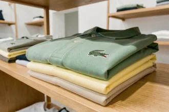 Collection de polos Lacoste pliés avec logo crocodile brodé visible sur tablette en bois dans une boutique minimaliste
