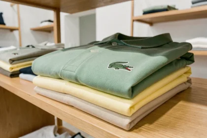 Collection de polos Lacoste pliés avec logo crocodile brodé visible sur tablette en bois dans une boutique minimaliste