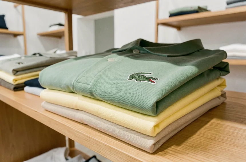 Collection de polos Lacoste pliés avec logo crocodile brodé visible sur tablette en bois dans une boutique minimaliste