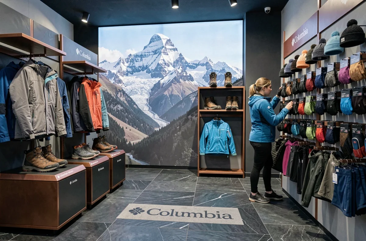 Boutique Columbia à Chamonix-Mont-Blanc avec vestes techniques et photo de montagne en fond de magasin