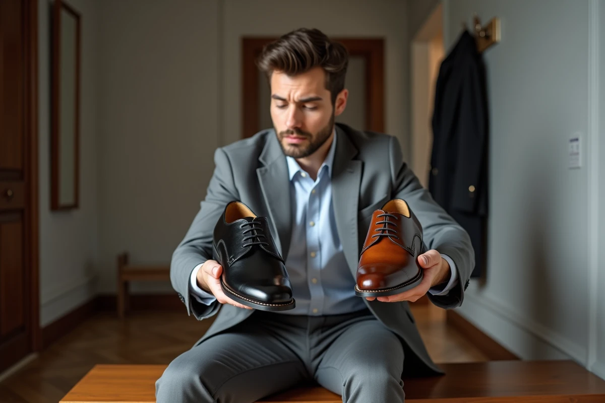 Homme comparant une chaussure cirée noire et une chaussure cirée marron dans une entrée d'appartement moderne