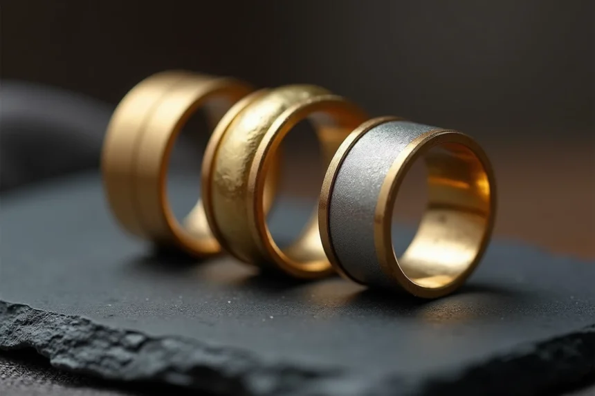 Comparaison côte à côte d'une bague plaquée or, d'un anneau en or massif 18 carats et d'une bague en vermeil sur ardoise sombre