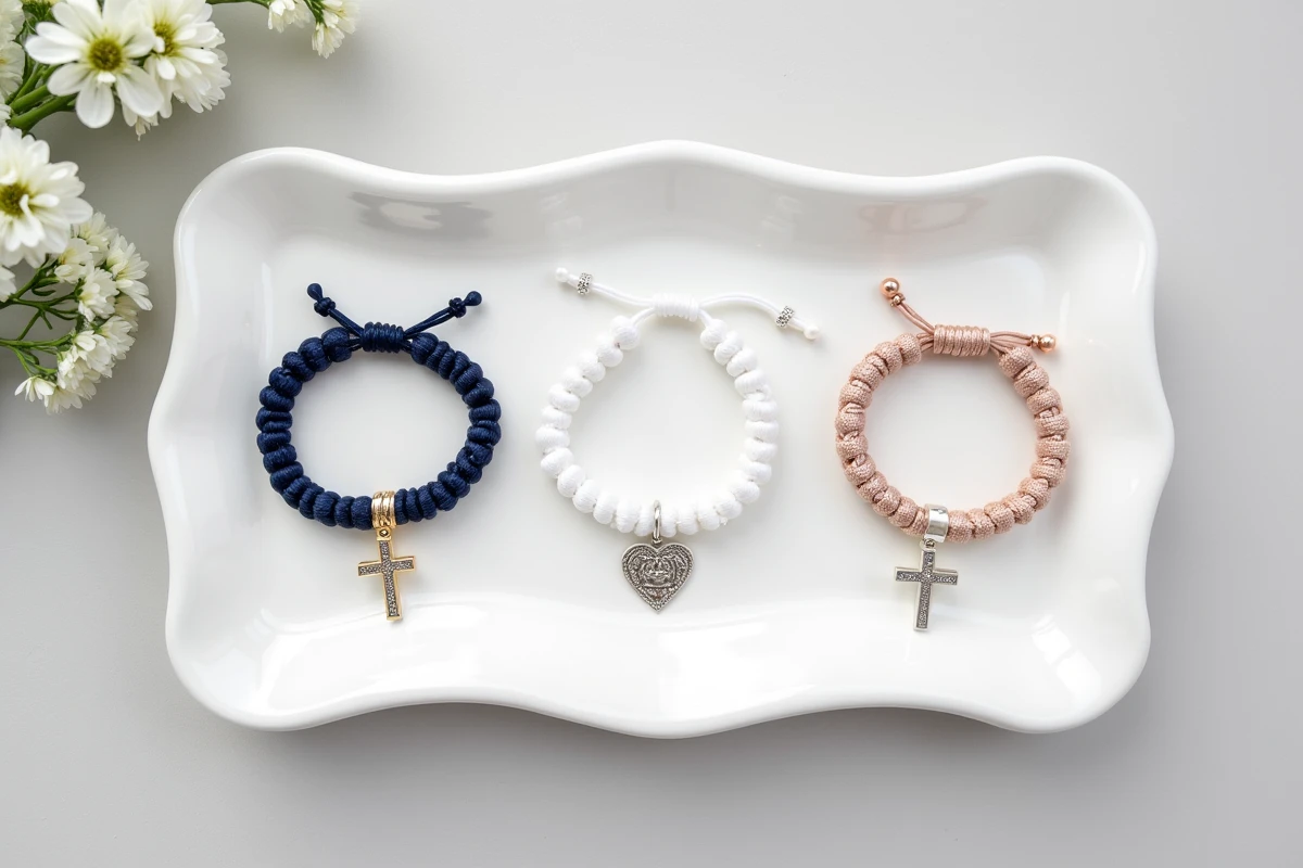 Trois bracelets de communion côte à côte sur plateau céramique blanc, en cordon, nacre et perles