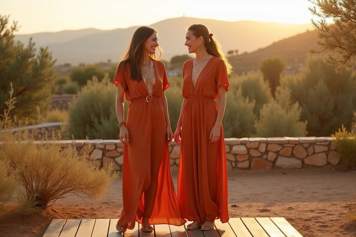 Deux femmes comparant robe longue terracotta satinée style bohème et coupe fluide élégante sur une terrasse méditerranéenne