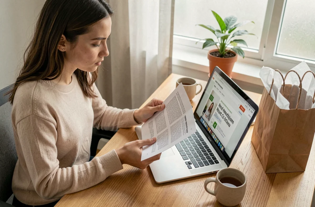 Jeune femme consultant les conditions de retour et de remboursement d'un magasin en ligne depuis son bureau à domicile pendant les soldes