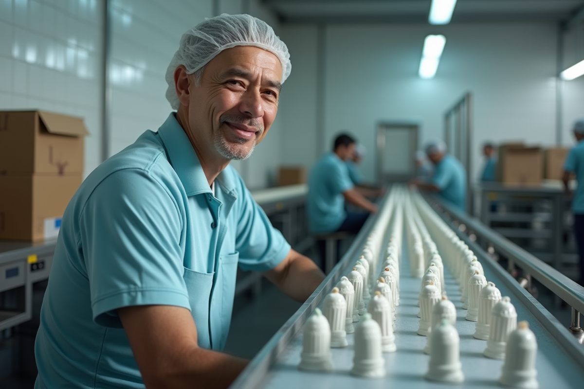 Homme surveillant la production de rouge a levres en usine