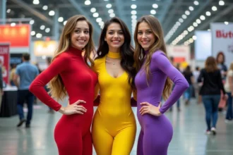 Trois cosplayeuses en tenues Totally Spies rouge, jaune et violet dans une convention