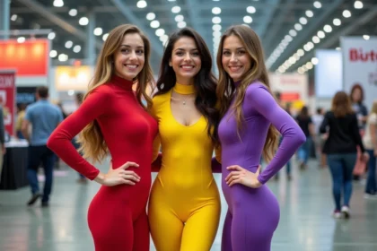 Trois cosplayeuses en tenues Totally Spies rouge, jaune et violet dans une convention