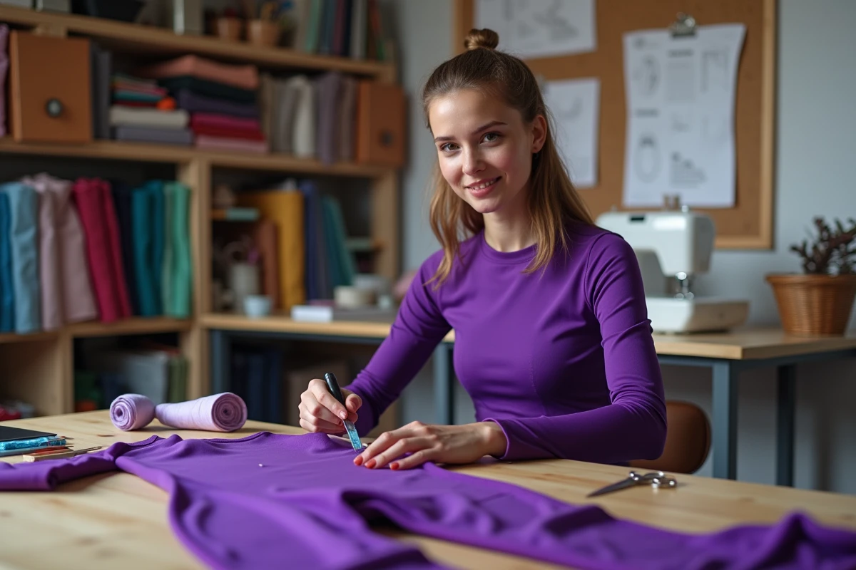 Jeune femme cousant un costume Totally Spies violet maison dans un atelier de couture