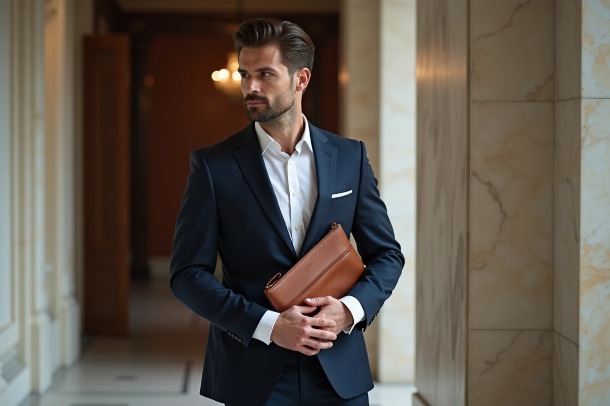 Homme en costume navy avec pochette en cuir dans un hall élégant