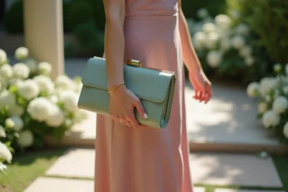 Femme en robe midi rose poudré tenant une pochette satin vert sauge lors d'un mariage en extérieur