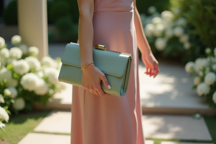 Femme en robe midi rose poudré tenant une pochette satin vert sauge lors d'un mariage en extérieur