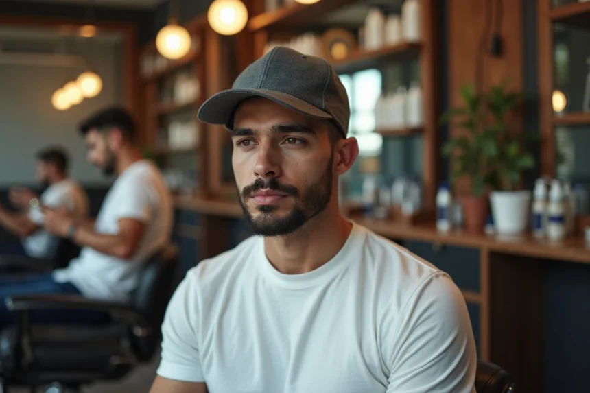 Barbier professionnel en train de couper la casquette d'un jeune homme dans un salon de coiffure moderne