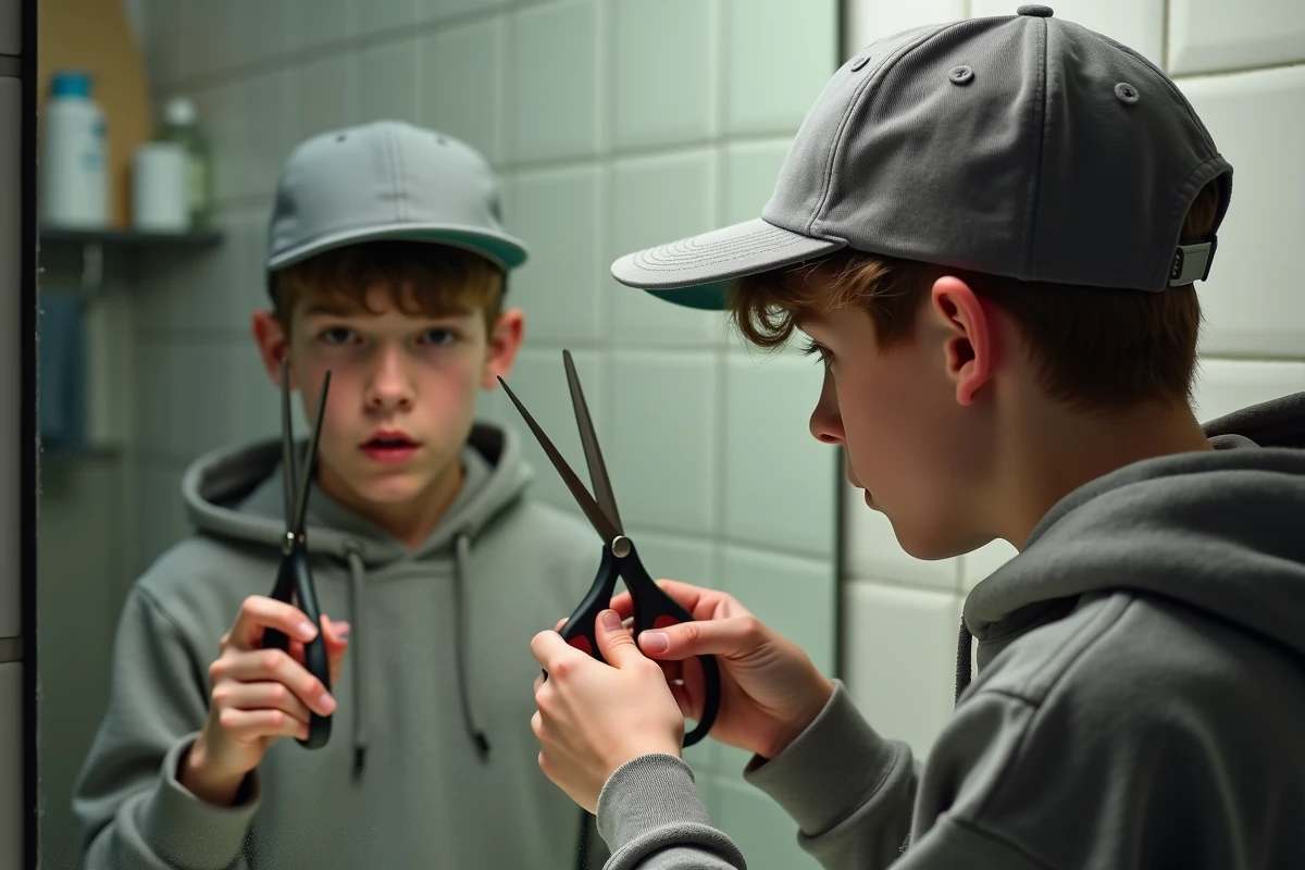 Adolescent coupant lui-même sa casquette snapback devant le miroir de salle de bain à la maison