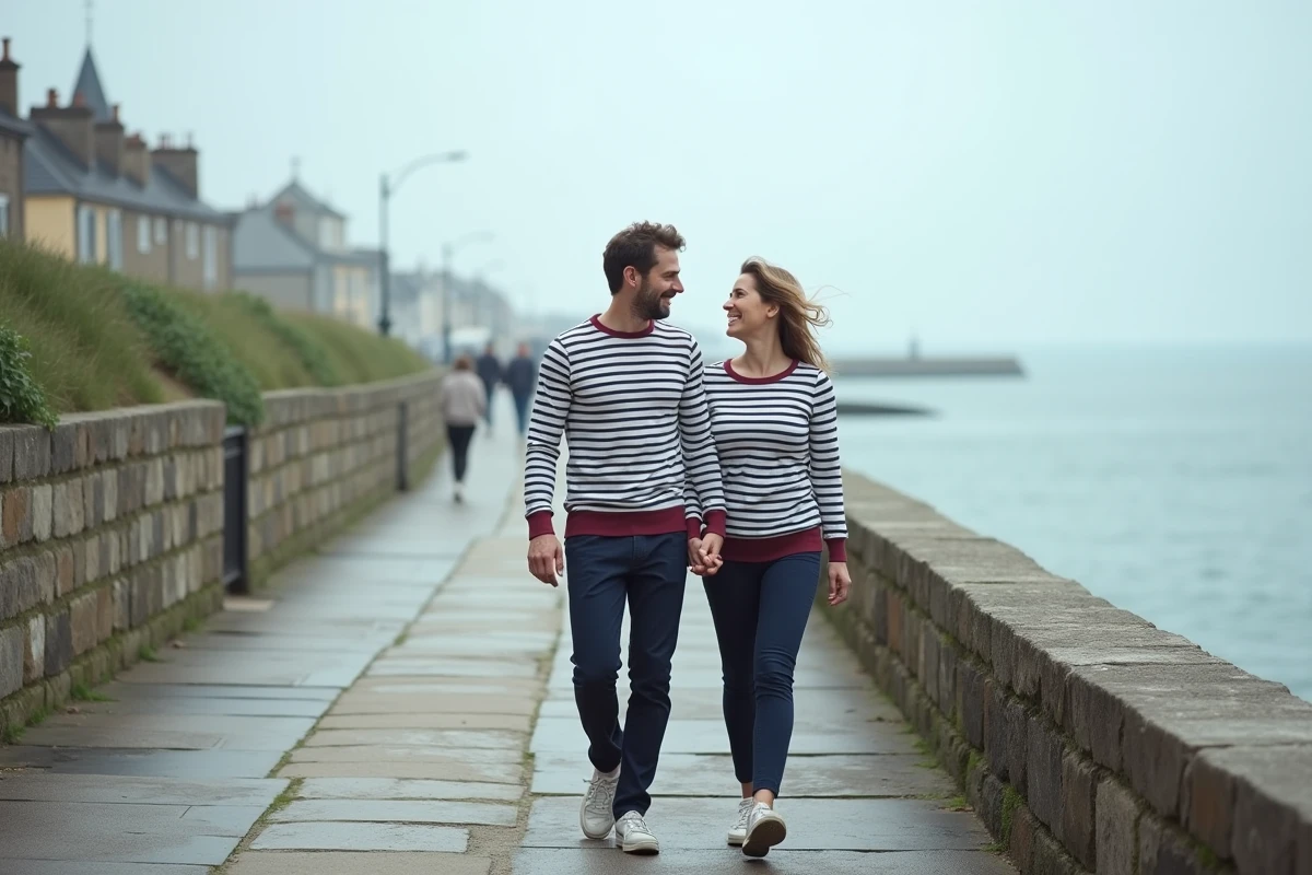 Couple habillé en marinières rayées Armor Lux se promenant sur un bord de mer breton sous un ciel nuageux