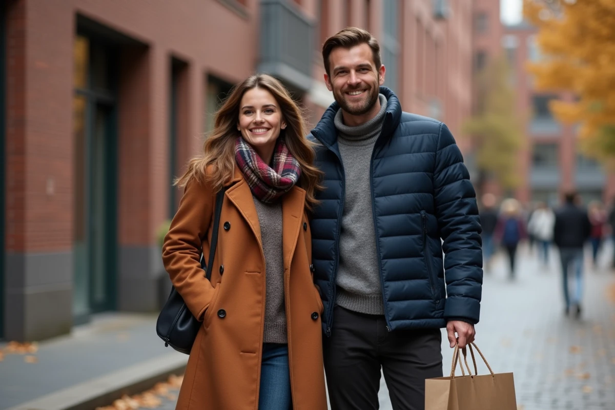 Couple habillé avec des tenues de saison abordables Kiabi dans une rue pavée aux couleurs d'automne