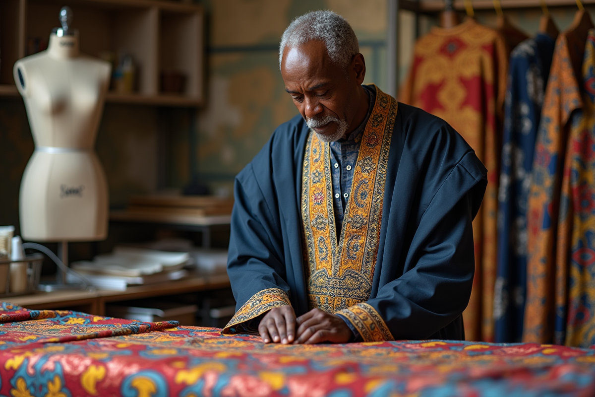 Couturier africain en atelier inspectant un tissu coloré