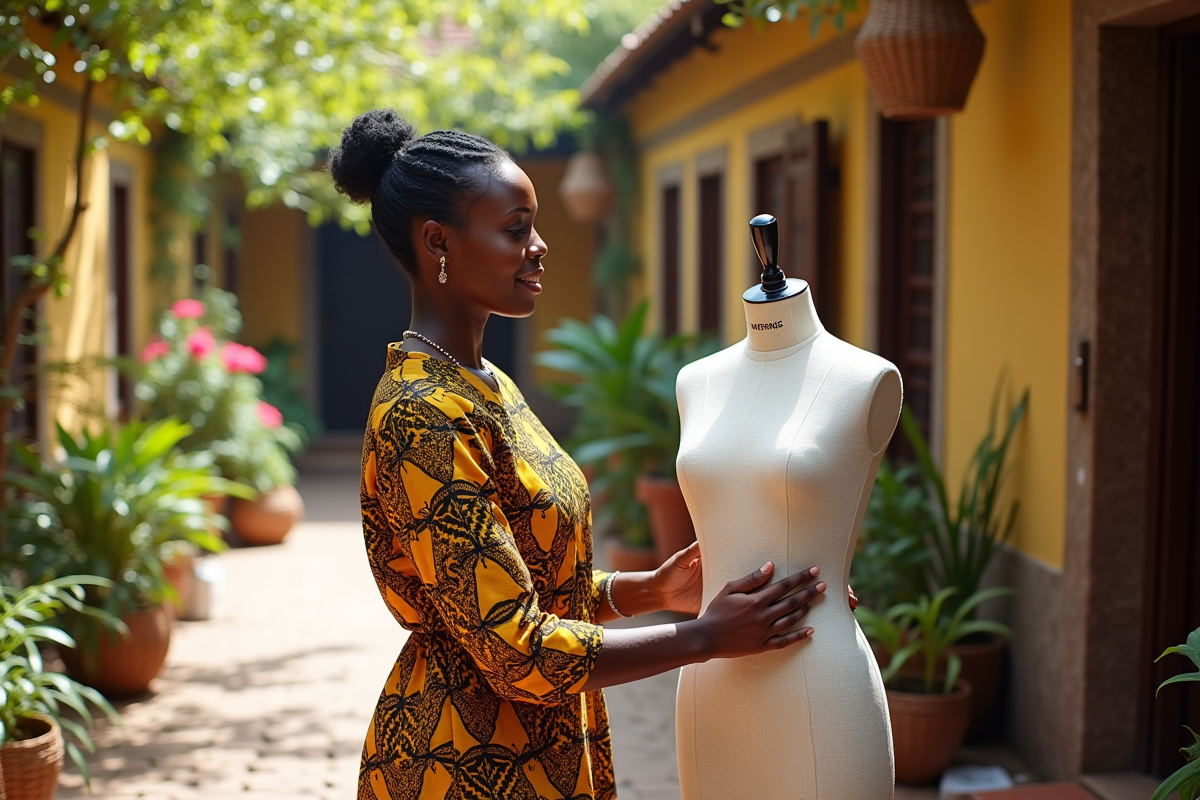 Femme couturiere africaine ajustant une robe Ankara en extérieur