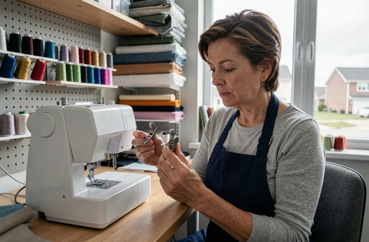 Femme couturière comparant un pied de biche universel et un pied spécifique devant sa machine à coudre dans un atelier moderne