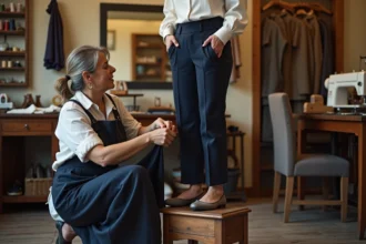 Couturière en train d'épingler l'ourlet d'un pantalon bleu marine sur une cliente dans un atelier de retouche traditionnel