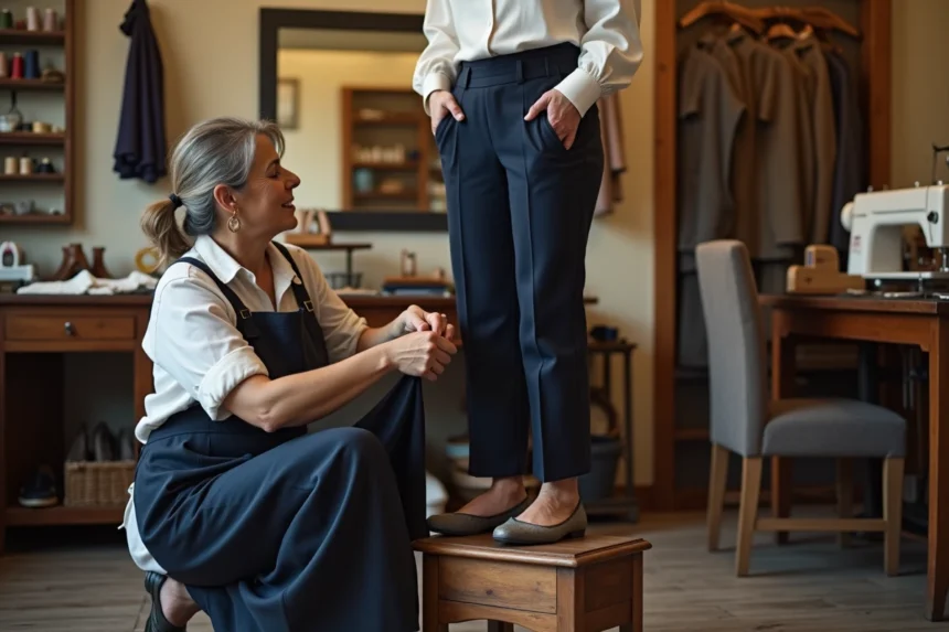 Couturière en train d'épingler l'ourlet d'un pantalon bleu marine sur une cliente dans un atelier de retouche traditionnel