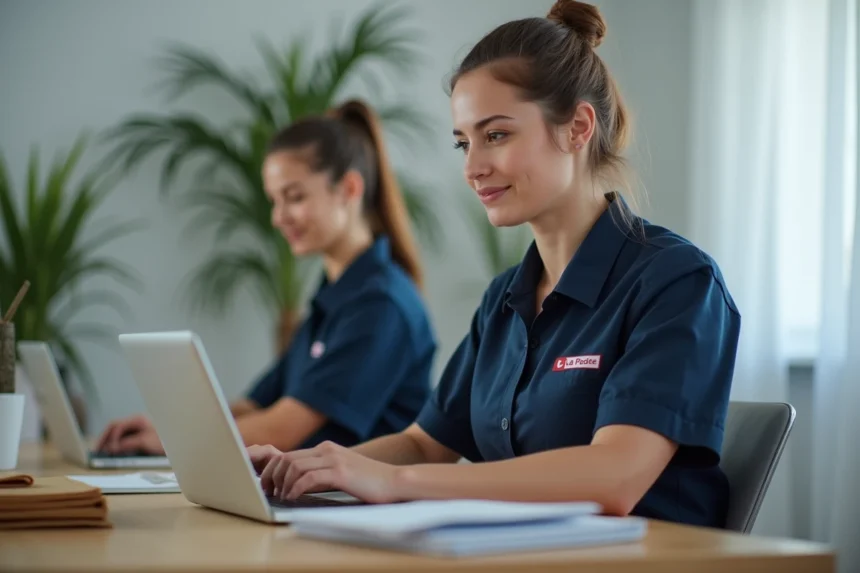 Employée La Poste créant son espace habillement en ligne sur un ordinateur portable dans un bureau à domicile