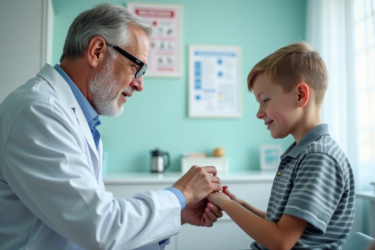 Dermatologue pédiatrique examinant la bague d'un jeune garçon pour détecter une allergie au nickel en cabinet médical
