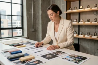 Directrice créative de Its Luxe Time examinant des maquettes éditoriales de montres de luxe dans un studio moderne aux murs en béton