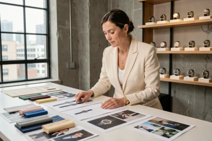 Directrice créative de Its Luxe Time examinant des maquettes éditoriales de montres de luxe dans un studio moderne aux murs en béton