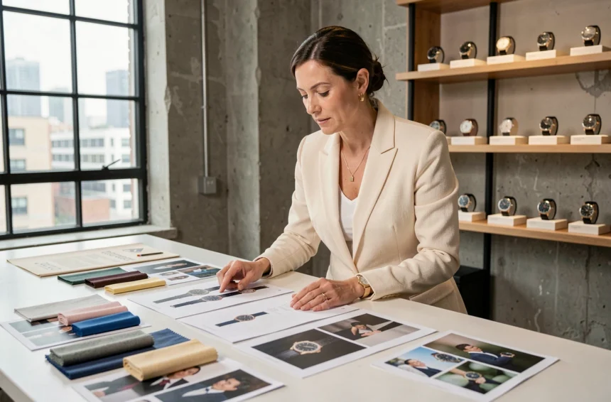 Directrice créative de Its Luxe Time examinant des maquettes éditoriales de montres de luxe dans un studio moderne aux murs en béton
