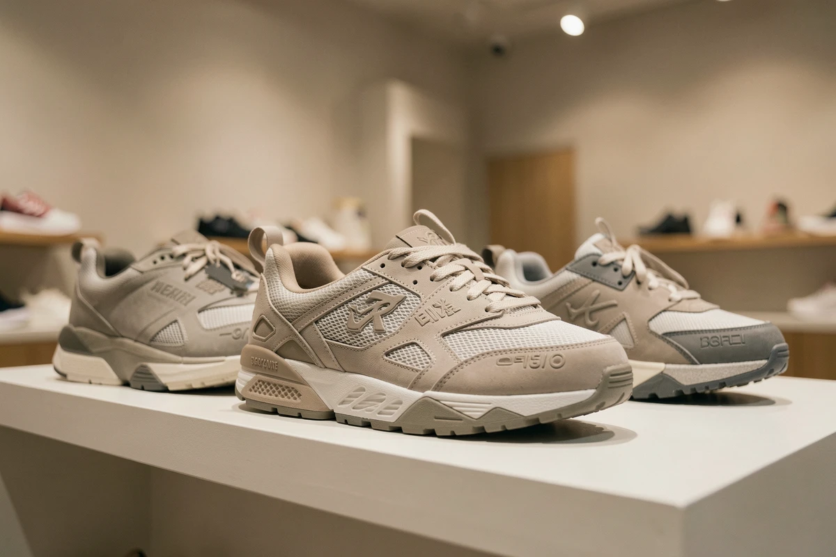 Détail de sneakers haut de gamme en édition limitée exposées sur une étagère dans le magasin EDS Store de Nantes