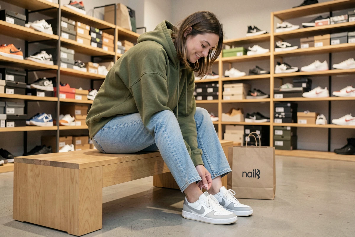 Jeune femme essayant des sneakers dans le magasin EDS Store à Nantes, assise sur un banc en bois dans un cadre moderne