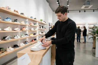 Intérieur du magasin EDS Store à Nantes avec des sneakers en édition limitée exposées sur des étagères en bois épuré