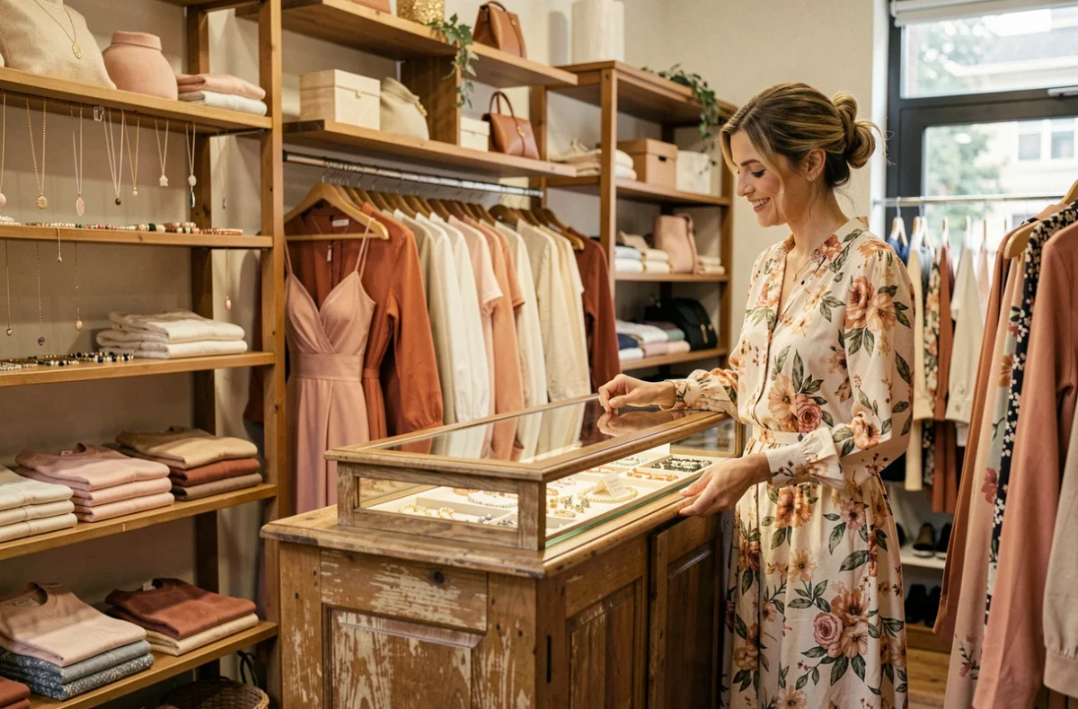 Intérieur de la boutique Encore des Filles à Tours avec des bijoux fantaisie et des vêtements féminins exposés sur des étagères en bois