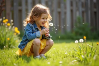 Fille de 6 ans soufflant une pissenlit dans un jardin ensoleille