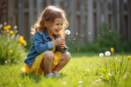 Fille de 6 ans soufflant une pissenlit dans un jardin ensoleille