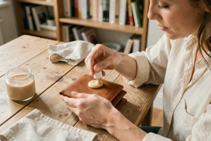 Femme appliquant une crème nourrissante sur un portefeuille en cuir caramel pour l'entretenir et le garder comme neuf